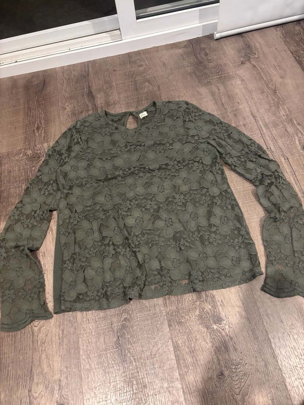Hollister Olive Green Floral Lace Overlay Long Sleeve Blouse